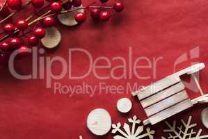 Christmas Decoration Like Sled On Red Wrapping Paper, Copy Space