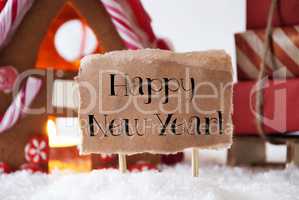 Gingerbread House With Sled, Text Happy New Year