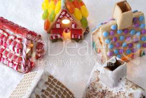 Colorful Gingerbread Houses, Snow, Copy Space