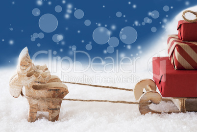 Reindeer With Sled, Copy Space, Blue Bokeh Background