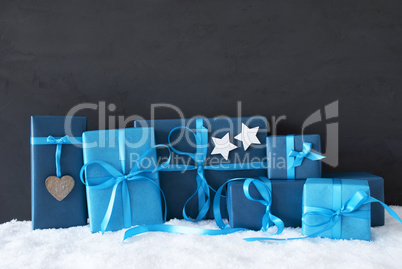 Blue Christmas Gifts, Black Cement Wall, Snow