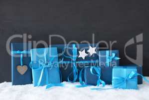 Blue Christmas Gifts, Black Cement Wall, Snow