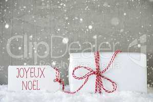 Gift, Cement Background With Snowflakes, Joyeux Noel Means Merry Christmas