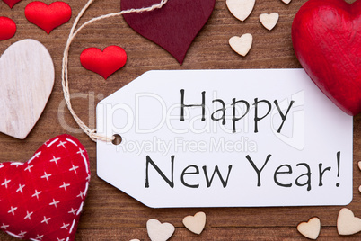 Label, Red Hearts, Flat Lay, Text Happy New Year