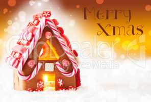 Gingerbread House, Golden Background, Text Merry Xmas