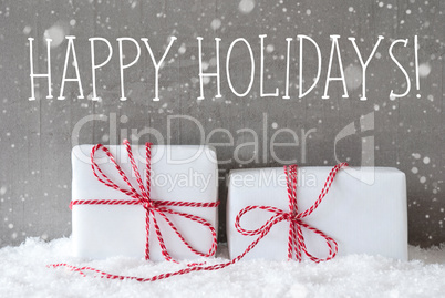 Two Gifts With Snowflakes, Text Happy Holidays