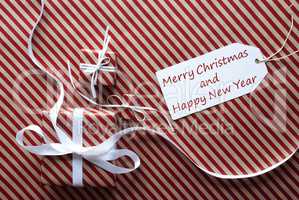 Gifts With Label, Text Merry Christmas And Happy New Year