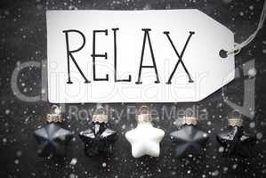 Black Christmas Balls, Snowflakes, Text Relax