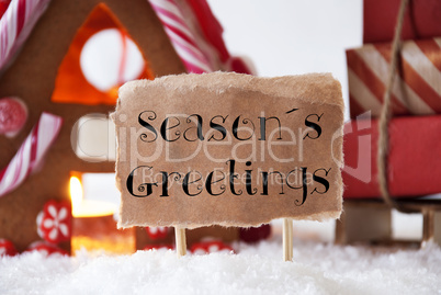 Gingerbread House With Sled, Text Seasons Greetings