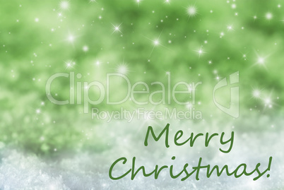 Green Sparkling Background, Snow, Text Merry Christmas