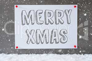 Label On Cement Wall, Snowflakes, Text Merry Xmas