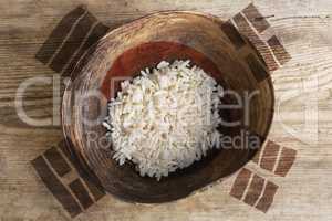 Poverty concept, bowl of rice with South Korea flag