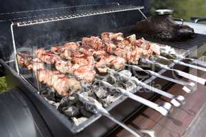 Grilling shashlik on a barbeque grill outdoor