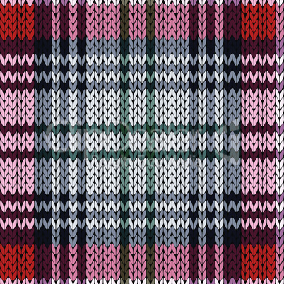 Knitting seamless pattern in red, pink and grey hues