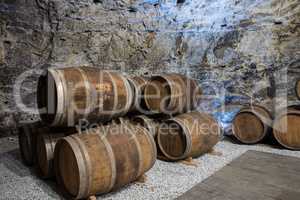 Wine cellar with oak barrels