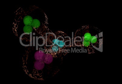 Colorful molecule with electric cloud of electrons and energetic links isolated on black 3d illustration