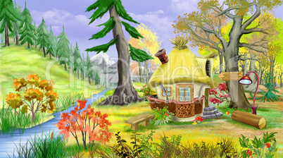 Small  Fairy Tale House Near the River in the Autumn Forest