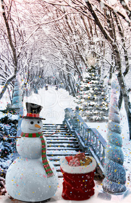 Christmas landscape : Snowman with gifts.