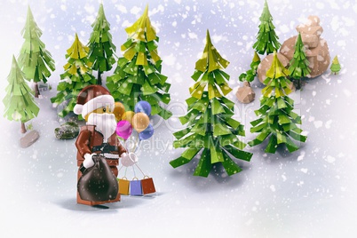 Santa Claus with gifts in the forest. 3D rendering.