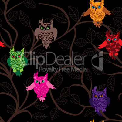 Owl bird vector seamless funny background with cartoon owls (seamless pattern)