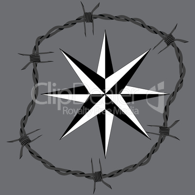 Barbed wire circle frame windrose navigation symbol. Vector fence illustration. Protection concept design.