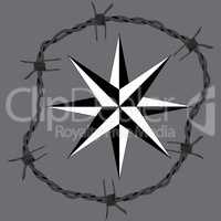 Barbed wire circle frame windrose navigation symbol. Vector fence illustration. Protection concept design.
