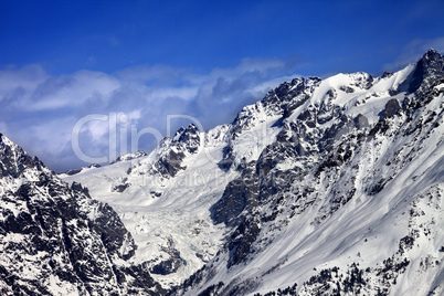 Mountains with glacier in snow at winter sun day