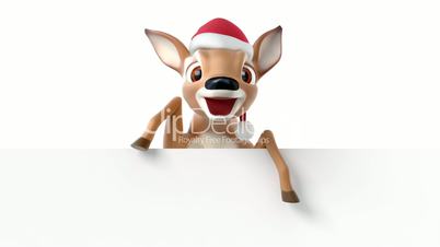 Cartoon deer in a hat of Santa Claus