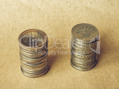 Vintage Euro and Pound coins pile
