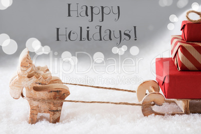 Reindeer With Sled, Silver Background, Text Happy Holidays