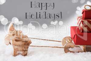 Reindeer With Sled, Silver Background, Text Happy Holidays
