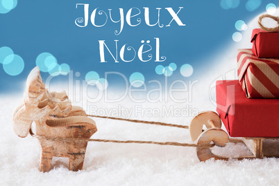 Reindeer, Sled, Light Blue Background, Joyeux Noel Means Merry Christmas