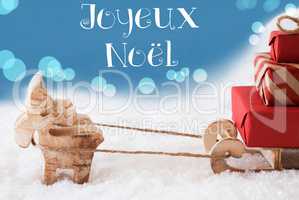 Reindeer, Sled, Light Blue Background, Joyeux Noel Means Merry Christmas