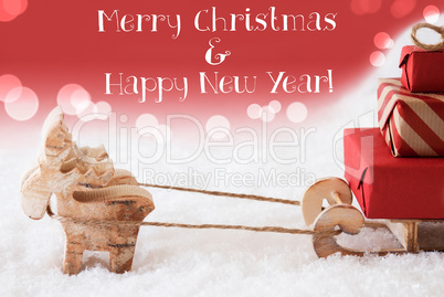 Reindeer With Sled, Red Background, Merry Christmas, Happy New Year