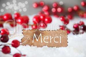 Burnt Label, Snow, Bokeh, Text Merci Means Thank You