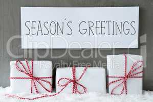 White Gift On Snow, Text Seasons Greetings