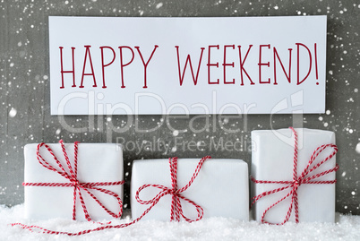 White Gift With Snowflakes, Text Happy Weekend