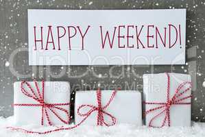 White Gift With Snowflakes, Text Happy Weekend
