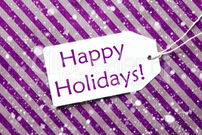 Label On Purple Wrapping Paper, Snowflakes, Text Happy Holidays