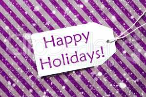 Label On Purple Wrapping Paper, Snowflakes, Text Happy Holidays