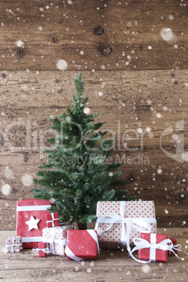 Christmas Tree With Gifts, Vertical Image And Snowflakes