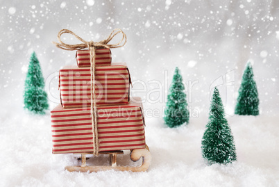 Christmas Sled On Snow With White Background And Snowflakes
