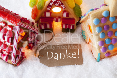 Colorful Gingerbread House, Snow, Danke Means Thank You