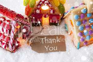 Colorful Gingerbread House, Snowflakes, Text Thank You