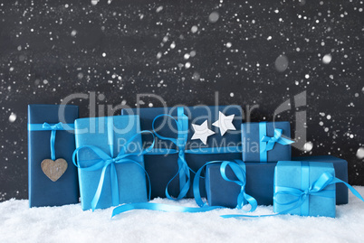 Blue Christmas Gifts, Black Cement Wall, Snow, Snowflakes