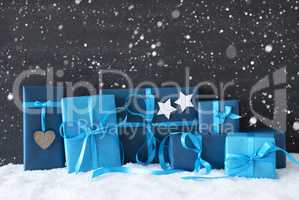 Blue Christmas Gifts, Black Cement Wall, Snow, Snowflakes