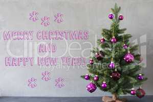 Tree, Cement Wall, Merry Christmas And Happy New Year