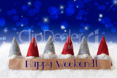 Gnomes, Blue Background, Bokeh, Stars, Text Happy Weekend