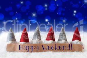Gnomes, Blue Background, Bokeh, Stars, Text Happy Weekend