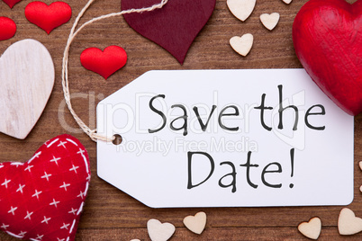 Label, Red Hearts, Flat Lay, Text Save The Date